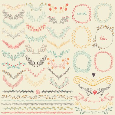 Big collection of hand drawn floral graphic design elements and lines border in retro style. Pastel backdrop.