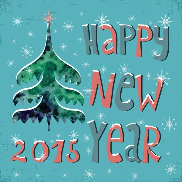 Feliz Año Nuevo Tarjeta de felicitación con acuarela árbol de Navidad, copos de nieve estrella roja y texto Feliz Año Nuevo, vector de ilustración . — Archivo Imágenes Vectoriales