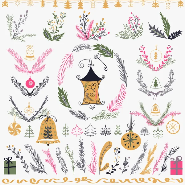 Set de conjunto floral dibujado a mano de Navidad. Elementos de diseño, decoración, laurel, corona y vacaciones . — Vector de stock