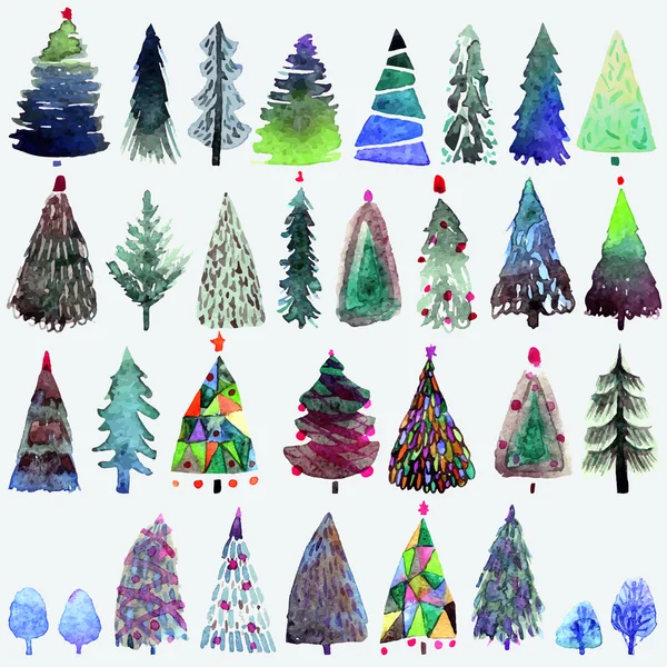 Big collection of watercolor Christmas tree isolated on a white background. — Stockvector