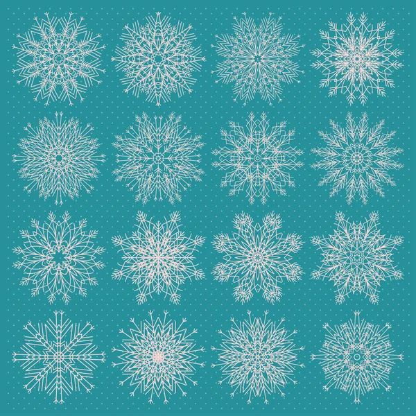 Vector set of sixteen different snowflake silhouettes on blue background. — Διανυσματικό Αρχείο