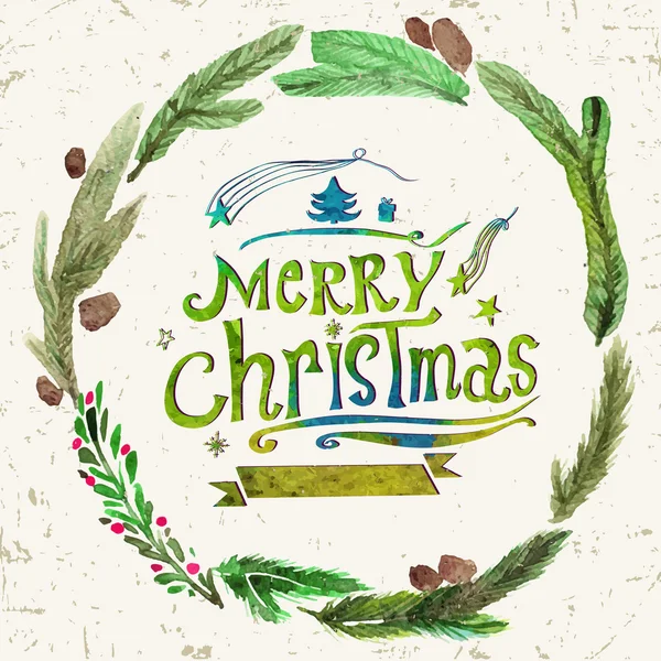 Watercolor Christmas greeting card with wreath of holly twigs and text Merry Christmas. Watercolor art. Christmas decor.