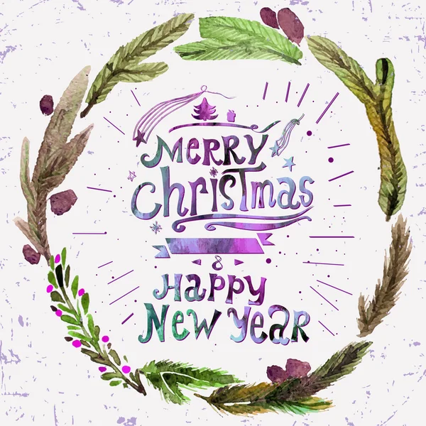 Tarjeta de felicitación de Navidad acuarela con corona de ramitas de acebo y texto Feliz Navidad. Arte de acuarela. Decoración de Navidad . — Vector de stock