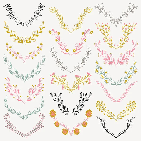 Set of hand drawn symmetrical floral graphic design elements in retro style. — Stock Vector