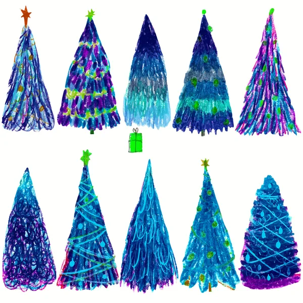 Conjunto de árboles de colores navideños aislados sobre fondo blanco. Ilustración vectorial . Ilustración de stock