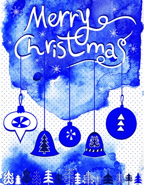 Feliz tarjeta de Navidad, burbujas de Navidad, árboles y copos de nieve . Vectores de stock libres de derechos