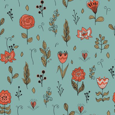 Vector seamless floral pattern with garden flowers. Hand drawn  flowers and leaves.