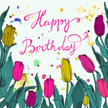 Spring card with bunch of tulips isolated on white background. Watercolor hand paint spots.