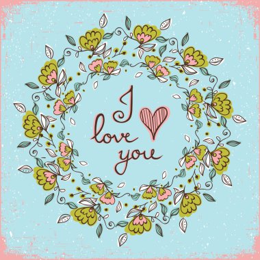 Greeting card with floral wreath. Bright illustration.