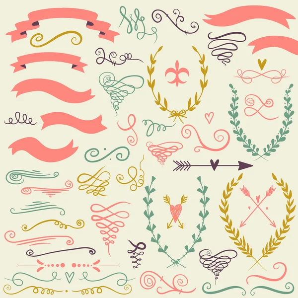 Vector  romantic set with labels, ribbons, hearts, flowers, wreaths and laurel. — Wektor stockowy