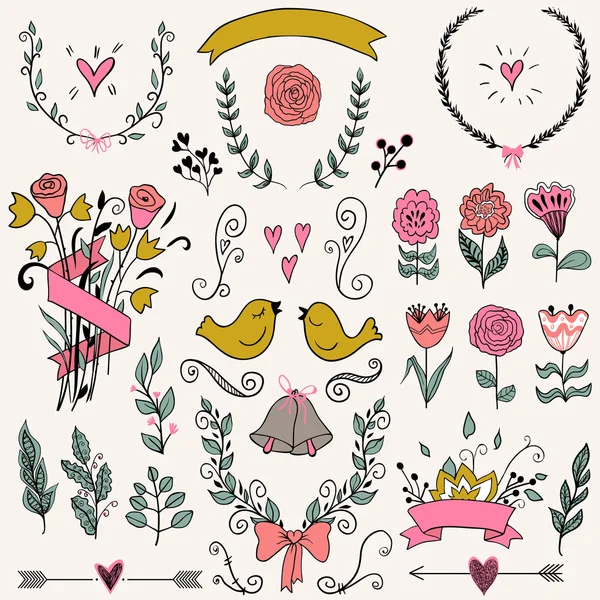 Romantic graphic set, arrows, hearts, birds, bells, rings, laurel, wreaths, ribbons and bows.