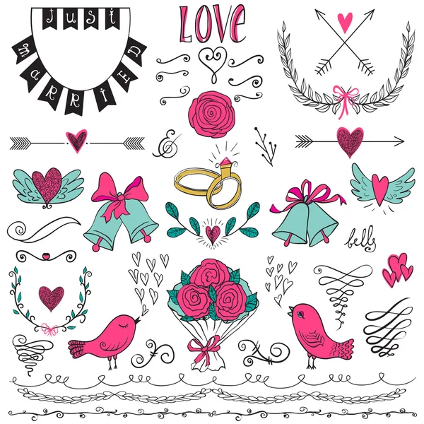 Conjunto gráfico de bodas, flechas, corazones, pájaros, campanas, anillos, laurel, coronas, cintas y etiquetas . — Vector de stock