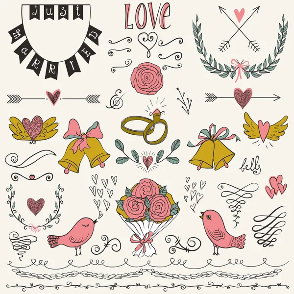 Wedding graphic set, arrows, hearts, birds, bells, rings, laurel, wreaths, ribbons and labels.