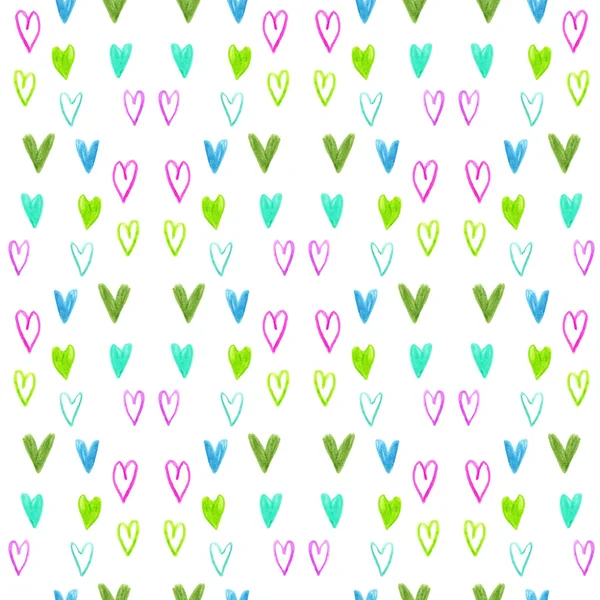 Seamless watercolor heart pattern on a white backdrop. Valentines day background. — Stockvector