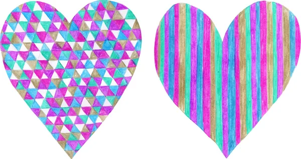 Dos corazones hechos de lápiz de colores y aislados sobre fondo blanco . — Vector de stock