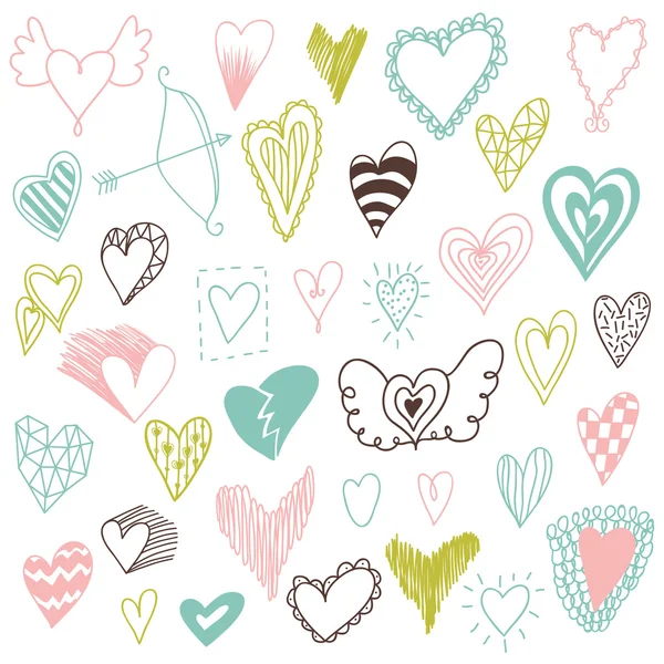 Beautiful hand drawn set of different hearts. Doddle style. Set of valentine hearts for your design — Wektor stockowy
