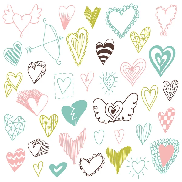 Beautiful hand drawn set of different hearts. Doddle style. Set of valentine hearts for your design — Stockový vektor