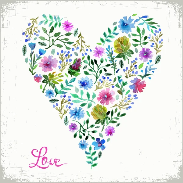 Vector illustration of watercolor floral heart and text love. Colorful floral heart. Love or spring card. — ストックベクタ