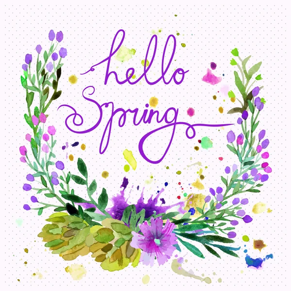 Watercolor vector wreath. Floral frame design with text hello spring. — Stock Vector