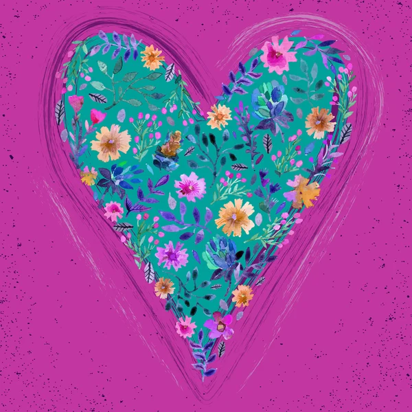 Ilustración vectorial de acuarela floral corazón y texto amor. Corazón floral colorido sobre fondo rosa. Tarjeta de amor o primavera . — Archivo Imágenes Vectoriales