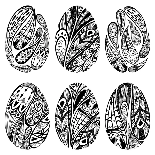 Vector set  of black-and-white easter eggs decorated with paisley ornament. — Wektor stockowy