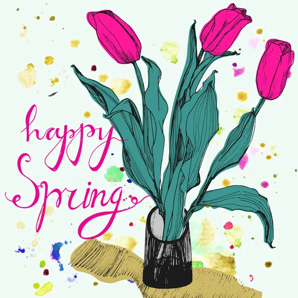Scheda decorativa con tulipani disegnati a mano, macchie di acquerello e testo felice primavera. Biglietto di auguri per le festività dell '8 marzo, compleanno o primavera . — Vettoriale Stock