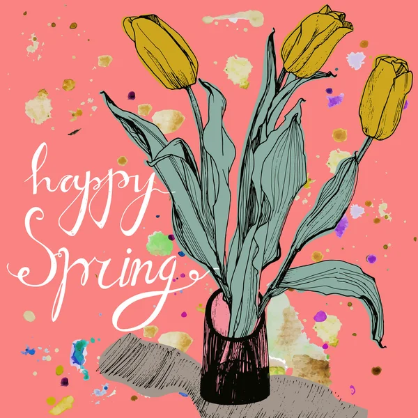 Cartão decorativo com tulipas desenhadas à mão e texto primavera feliz. Cartão de felicitações para o feriado de 8 de março, aniversário ou primavera . — Vetor de Stock