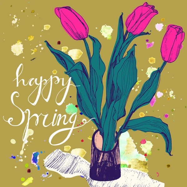 Decorative card with hand drawn tulips and text happy spring. Greeting card for 8 March holiday, birthday or spring season. — 图库矢量图片
