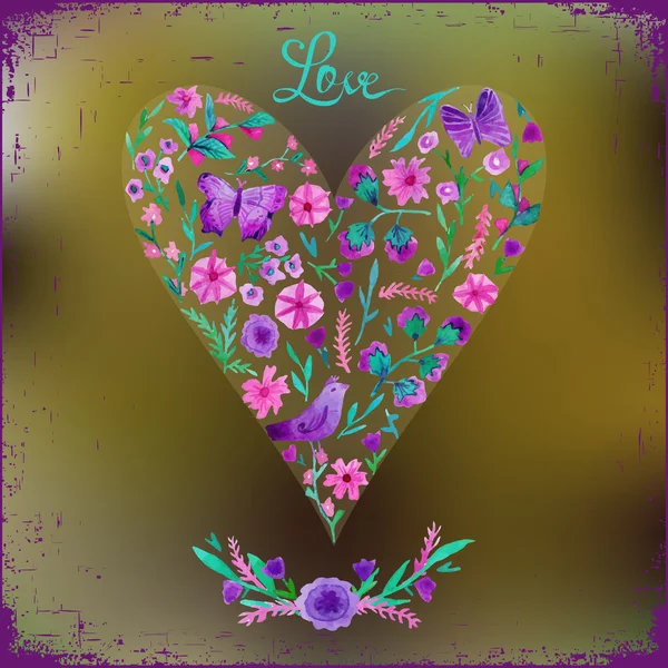 Ilustração vetorial de aquarela coração floral e amor de texto . — Vetor de Stock