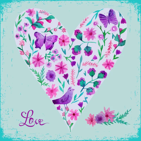 Ilustración vectorial de acuarela floral corazón y texto amor . — Archivo Imágenes Vectoriales