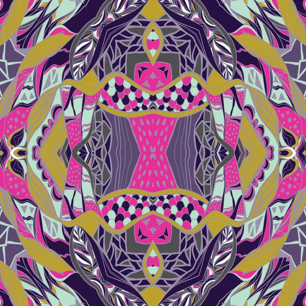 Traditional ornamental paisley bandanna.  Pink, violet and yellow colors. — Stockvector