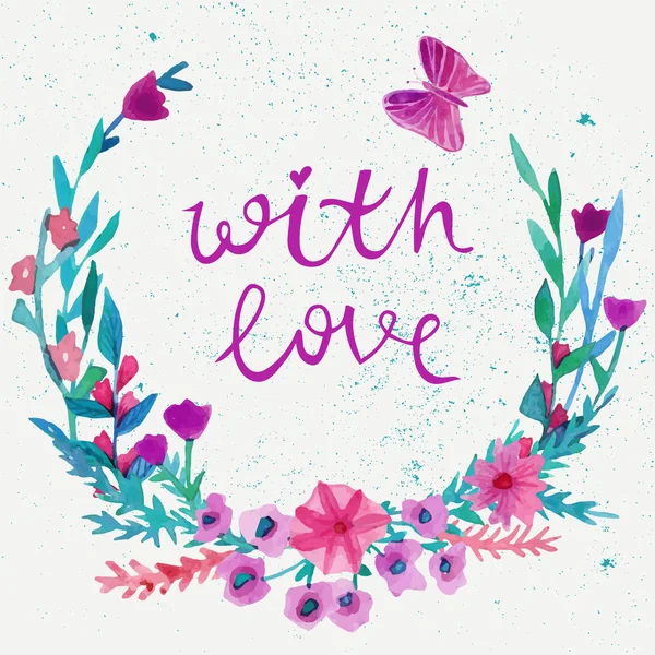 Couronne de laurier fleur aquarelle avec papillon. Couronne de fleurs aquarelle et texte avec amour . — Image vectorielle