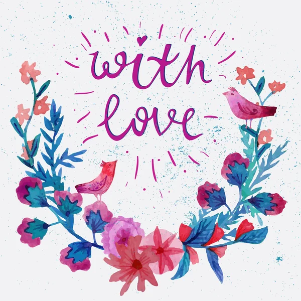 Watercolor flower laurel wreath with butterfly. Watercolor Flower Wreath and text with love. — Stock vektor