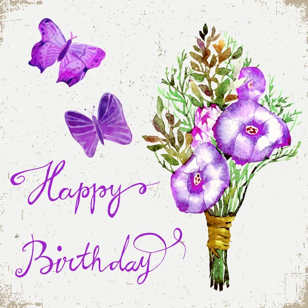 Watercolor Vector Invitation card with flowers and text Happy Birthday. Watercolor Flowers Invitation. Vector
