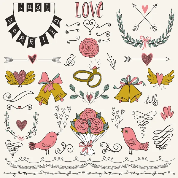 Conjunto gráfico de bodas, flechas, corazones, pájaros, campanas, anillos, laurel, coronas, cintas y etiquetas . Ilustración de stock