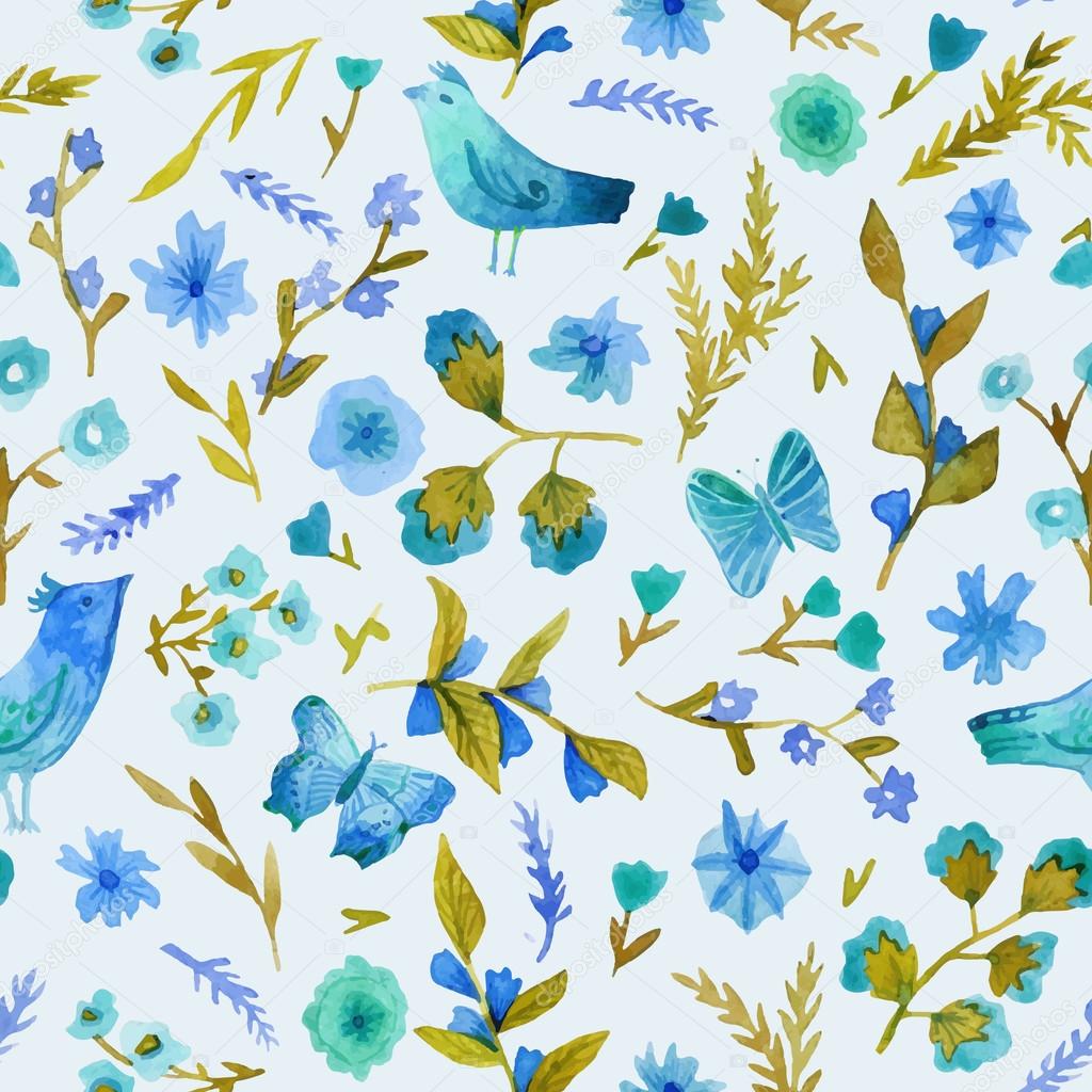 Watercolor seamless pattern with flowers, leaves, birds and butterfly. 
