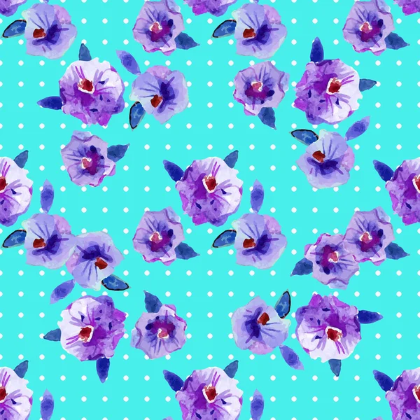 Akvarell seamless mönster med violetta blommor och polka dot bakgrund. Bakgrunden för webbsidor, bröllopinbjudningar, spara datum korten. — Stock vektor