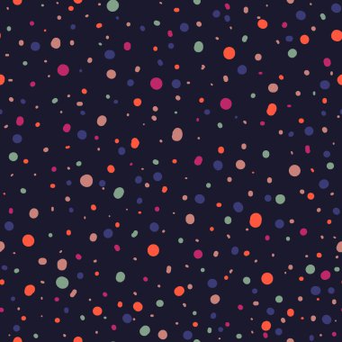 Cute seamless  pattern or texture with colorful polka dots on dark background. Retro colors.