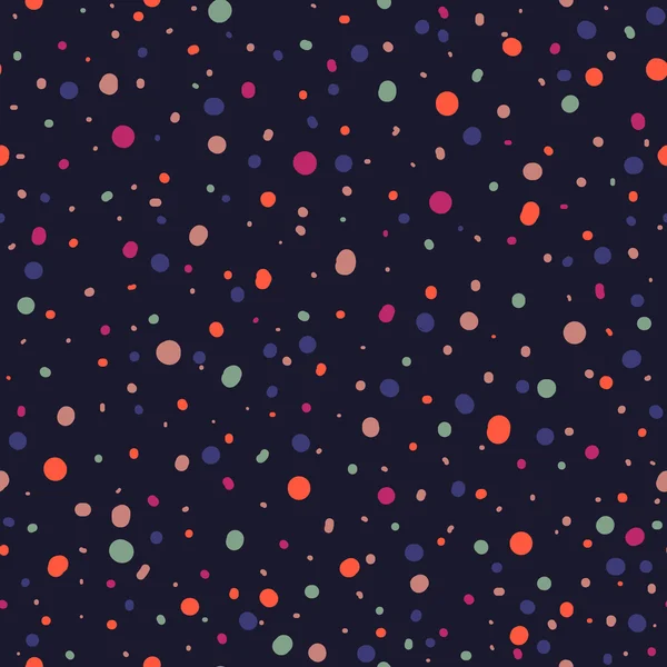 Cute seamless  pattern or texture with colorful polka dots on dark background. Retro colors. — Stockvector