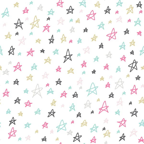 Patrón de estrellas sin costuras. Coloridos garabatos dibujados a mano sobre fondo blanco. Ilustración vectorial . Vectores de stock libres de derechos