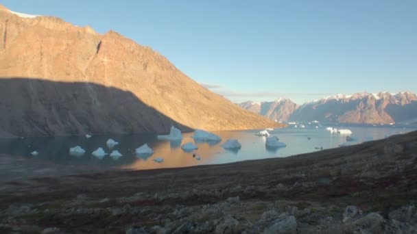 Havet bergen och stora isberg reflekterande vatten. — Stockvideo