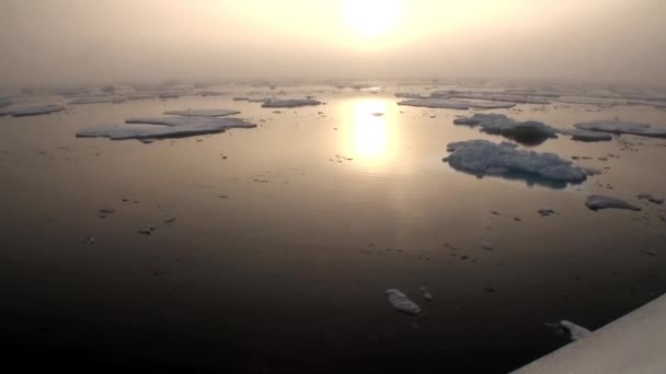 Zachód słońca w Oceanie wśród gór lodowych i lodu w Arktyce. — Wideo stockowe