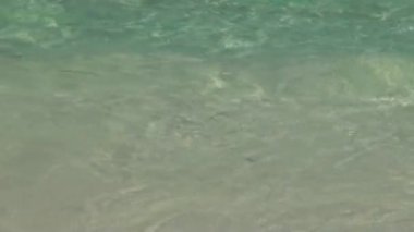 Dalgalar deniz kumlu plajda sörf. Maldivler. Yakın çekim.