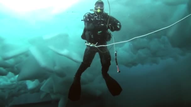 Duiken in noordpoolgebied op geografische noordpool. — Stockvideo