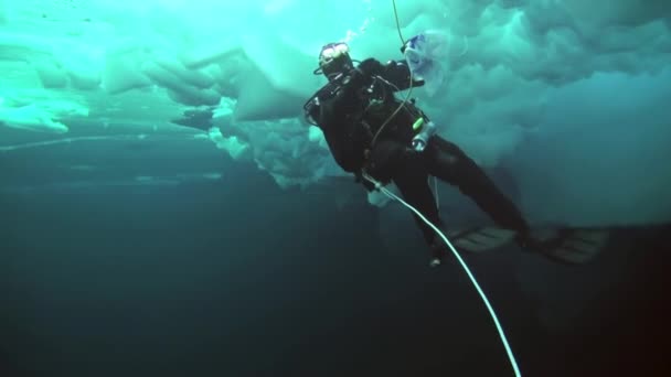 Scuba diving in Arctic at geographic North Pole. — Stock Video