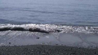 Dalgalar deniz taşlı kayalar plajda sörf. Japonya deniz.