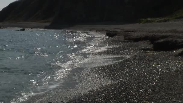 Meereswellen surfen auf steinigen Felsen Strand. Japanisches Meer. — Stockvideo