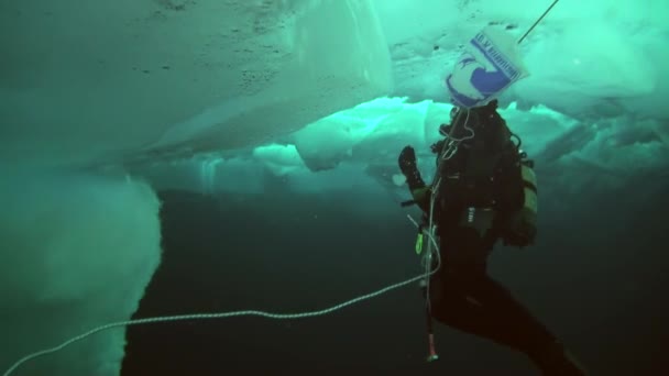 Scuba diving in Arctic at geographic North Pole. — Stock Video