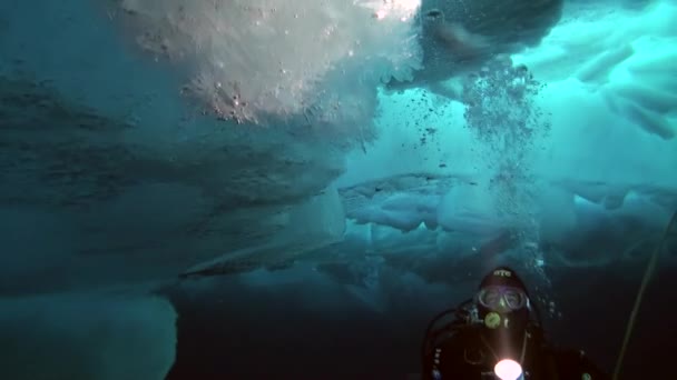 Scuba diving in Arctic at geographic North Pole. — Stock Video