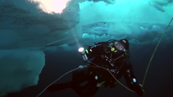 Scuba diving in Arctic at geographic North Pole. — Stock Video